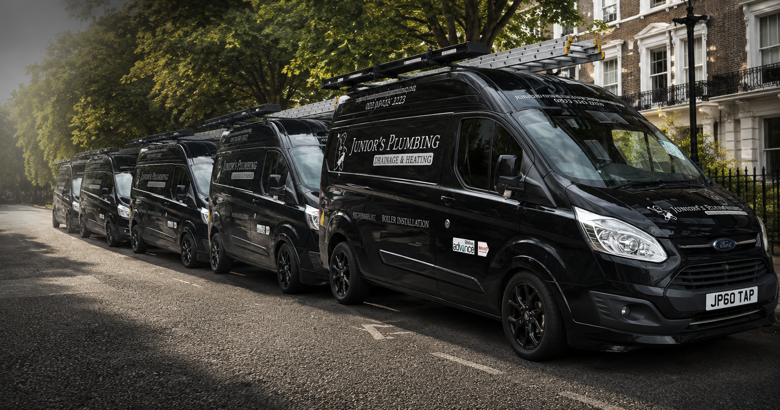 The Junior's Plumbing, Drainage & Heating fleet of branded black vans parked in North London